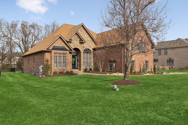 ranch-style home featuring a front lawn, brick siding, and stone siding