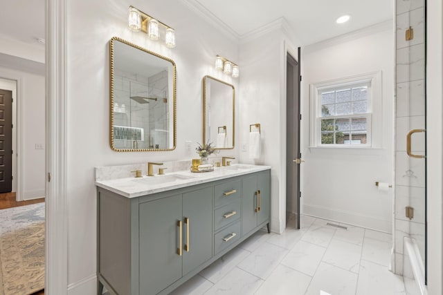 bathroom featuring a sink, double vanity, baseboards, a shower with door, and marble finish floor