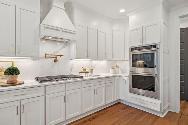 kitchen with white cabinetry, stainless steel appliances, dark wood-type flooring, and custom range hood