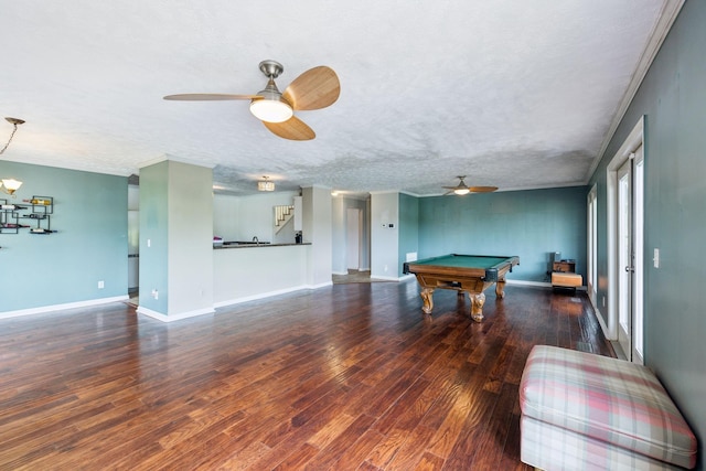 playroom with billiards, baseboards, wood finished floors, and ceiling fan