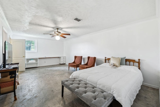 bedroom with visible vents, a ceiling fan, unfinished concrete flooring, and ornamental molding