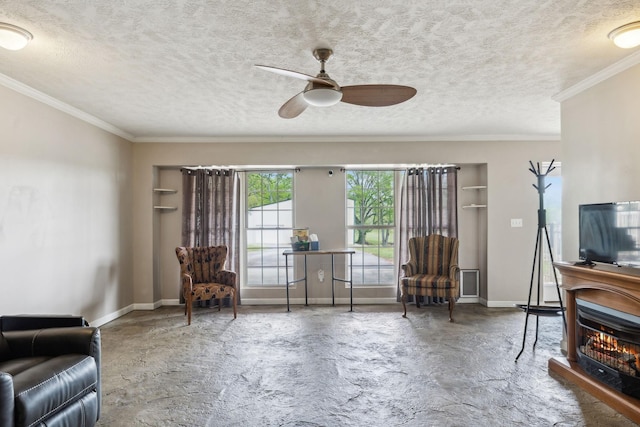 sitting room featuring ornamental molding, a textured ceiling, built in features, and ceiling fan