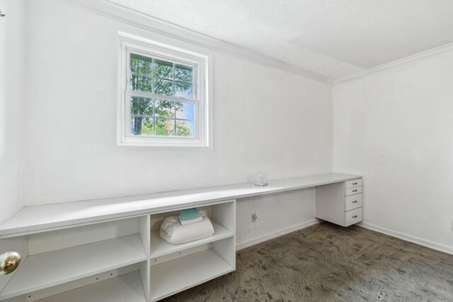 unfurnished office with baseboards, ornamental molding, and carpet