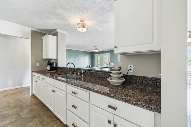 kitchen featuring white cabinetry, a ceiling fan, ornamental molding, and a sink