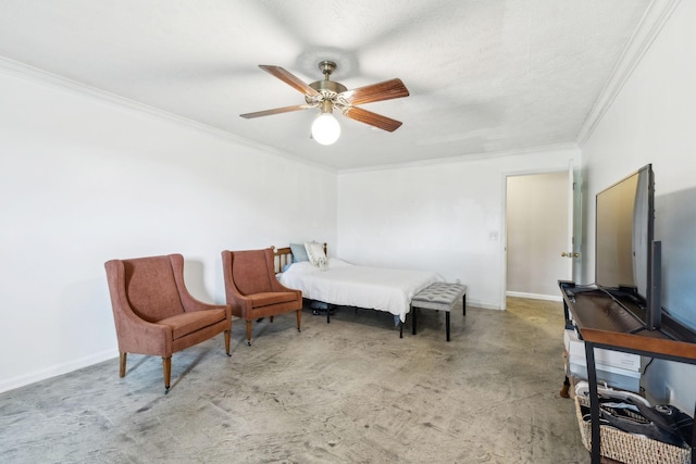 bedroom with a ceiling fan, baseboards, crown molding, and carpet