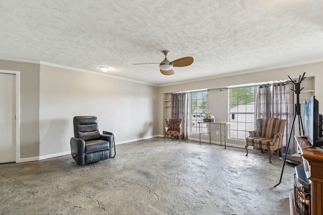 living area featuring a textured ceiling, crown molding, baseboards, and ceiling fan