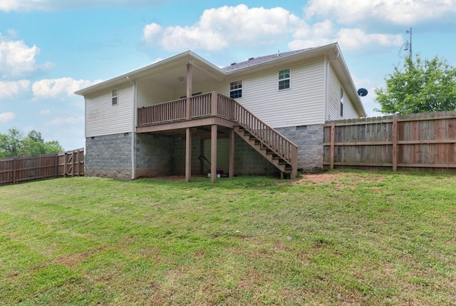 142 Sun Rise Rdg, Pulaski, TN 38478 - rear view of house featuring stairs, a deck, crawl space, a fenced backyard, and a yard