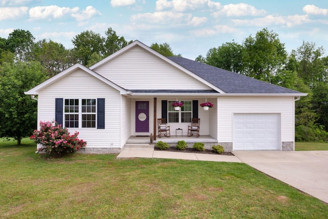 142 Sun Rise Rdg, Pulaski, TN 38478 - ranch-style house featuring covered porch, a garage, a front lawn, concrete driveway, and a shingled roof