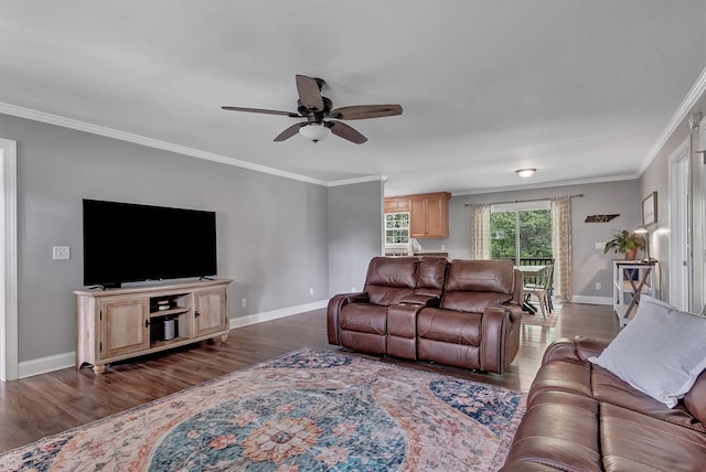142 Sun Rise Rdg, Pulaski, TN 38478 - living room with ornamental molding, a ceiling fan, and dark wood-style floors