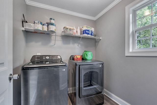 142 Sun Rise Rdg, Pulaski, TN 38478 - washroom with laundry area, ornamental molding, baseboards, wood finished floors, and washing machine and dryer