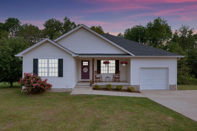 142 Sun Rise Rdg, Pulaski, TN 38478 - single story home with covered porch, concrete driveway, a front lawn, and a garage