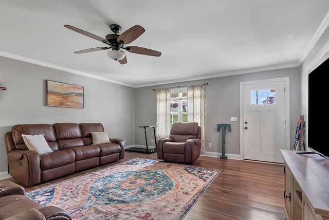 142 Sun Rise Rdg, Pulaski, TN 38478 - living area featuring crown molding, baseboards, ceiling fan, and dark wood-style floors