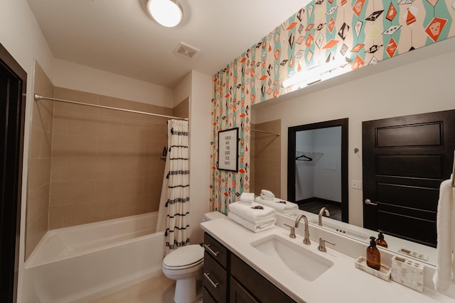 full bathroom with shower / bath combo, toilet, visible vents, wallpapered walls, and vanity