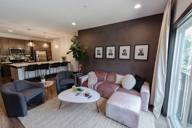 living area featuring recessed lighting and wood finished floors