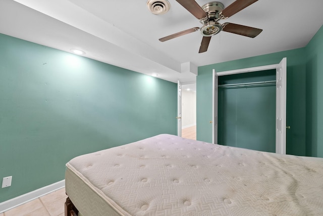 13391 Fruit Hill Red Bridge Rd, Crofton, KY 42217 - tiled bedroom with baseboards, visible vents, recessed lighting, a ceiling fan, and a closet