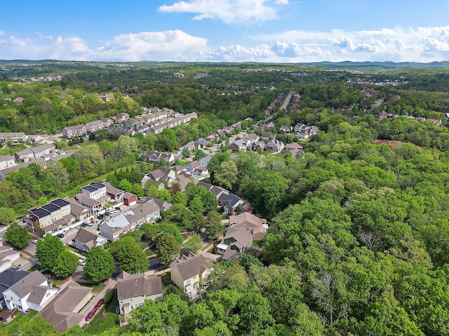birds eye view of property with a residential view and a wooded view