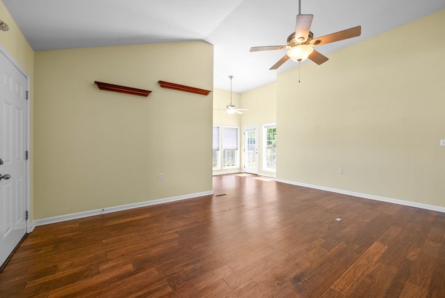 unfurnished living room featuring high vaulted ceiling, wood finished floors, baseboards, and ceiling fan