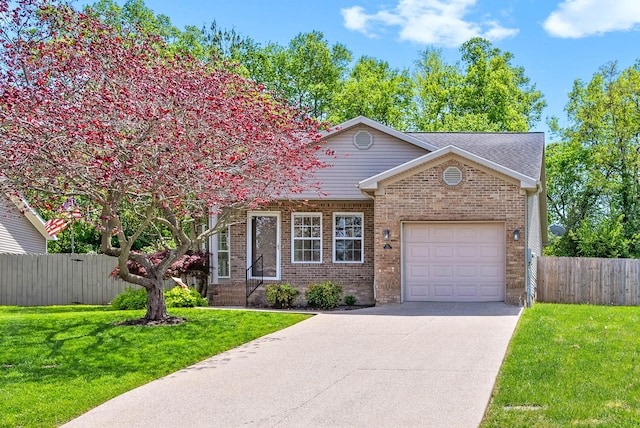 view of front of home featuring an attached garage, fence, brick siding, and concrete driveway