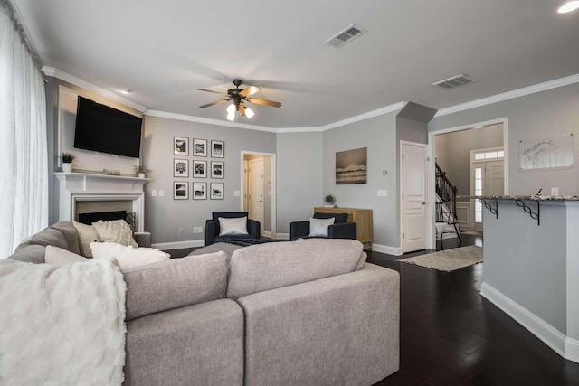 308 Valleyview Dr, Franklin, TN 37064 - living room featuring dark wood-type flooring, visible vents, baseboards, and ceiling fan