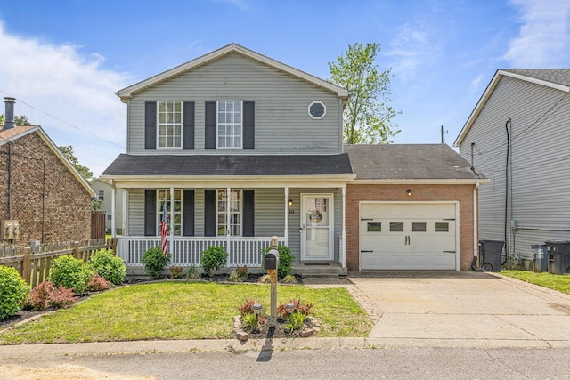 traditional-style home with a porch, concrete driveway, brick siding, an attached garage, and a front yard