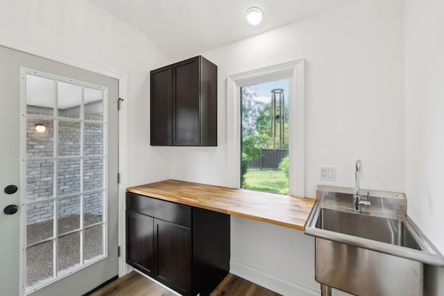 kitchen with dark brown cabinetry, wood finished floors, wooden counters, and a sink