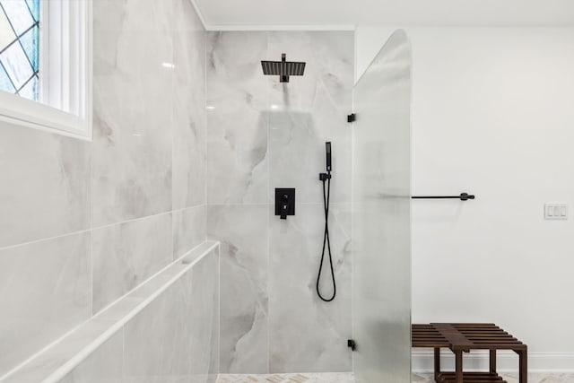 full bath featuring a marble finish shower