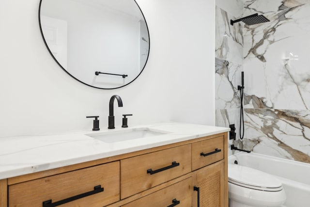 full bathroom featuring a combined bath / shower with marble appearance, toilet, and vanity