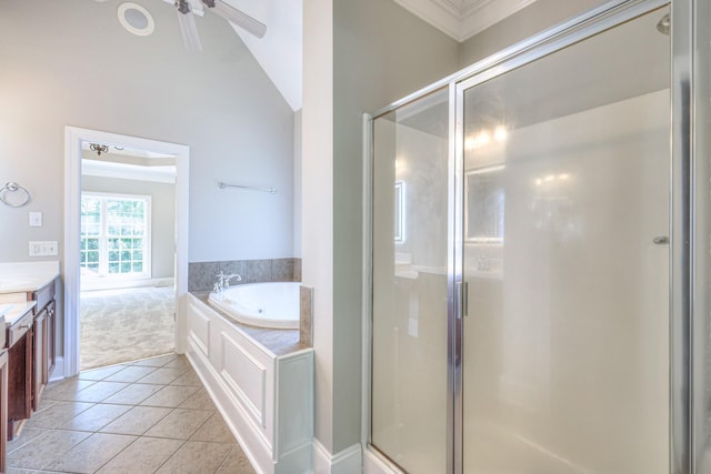 1178 Mccoury Ln, Spring Hill, TN 37174 - full bath featuring tile patterned flooring, vanity, lofted ceiling, a garden tub, and a stall shower