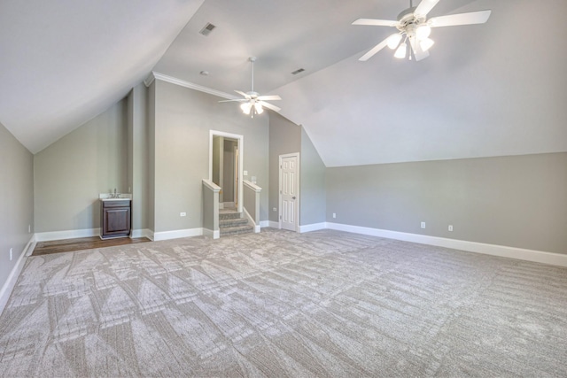 1178 Mccoury Ln, Spring Hill, TN 37174 - bonus room featuring stairway, ceiling fan, vaulted ceiling, and light colored carpet