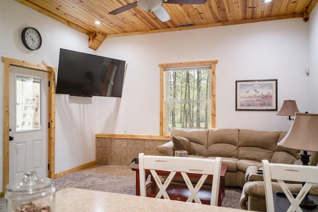 tiled living room featuring a ceiling fan, visible vents, wooden ceiling, and recessed lighting