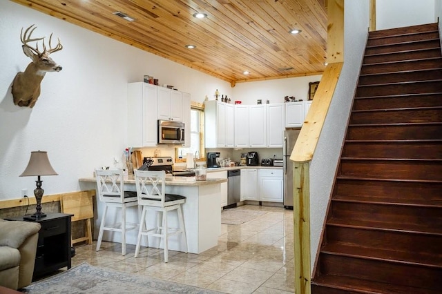 kitchen with wooden ceiling, white cabinets, stainless steel appliances, and a peninsula