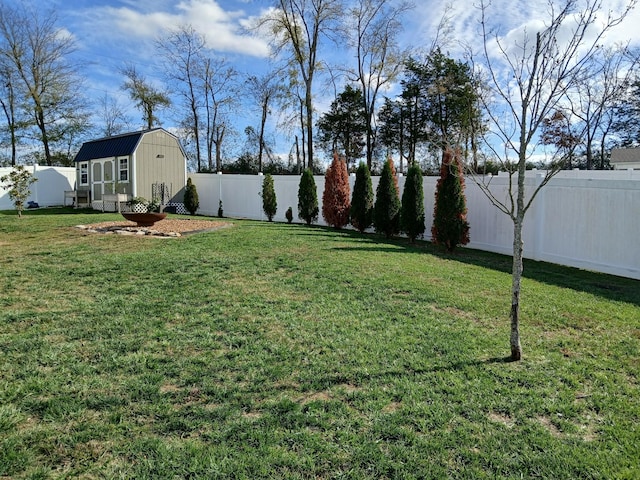 view of yard with a storage shed, an outbuilding, and a fenced backyard
