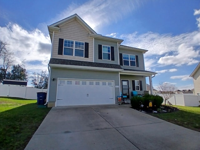 view of front of house featuring a front lawn, driveway, covered porch, an attached garage, and fence