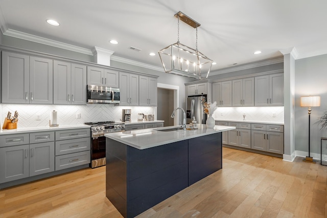 kitchen with gray cabinets, backsplash, stainless steel appliances, and a sink