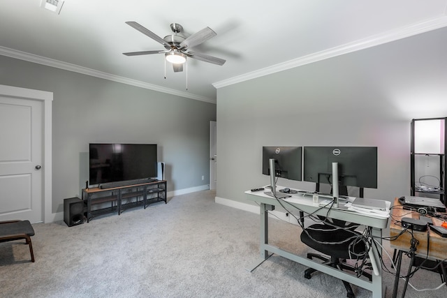 carpeted office featuring ceiling fan, baseboards, visible vents, and ornamental molding