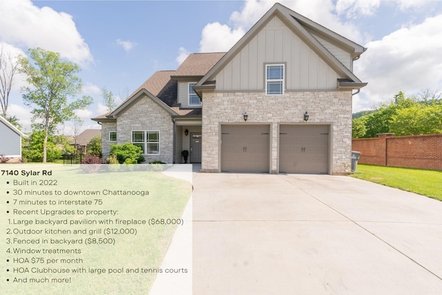 7140 Sylar Rd, Ooltewah, TN 37363 - craftsman inspired home featuring stone siding, board and batten siding, concrete driveway, a garage, and a shingled roof
