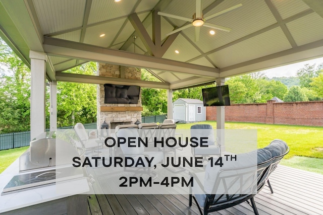7140 Sylar Rd, Ooltewah, TN 37363 - deck featuring a gazebo, exterior kitchen, a ceiling fan, and a shed