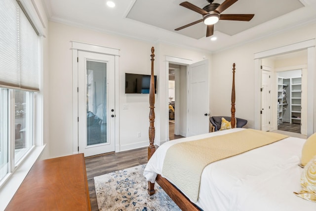 bedroom with recessed lighting, wood finished floors, a ceiling fan, and ornamental molding