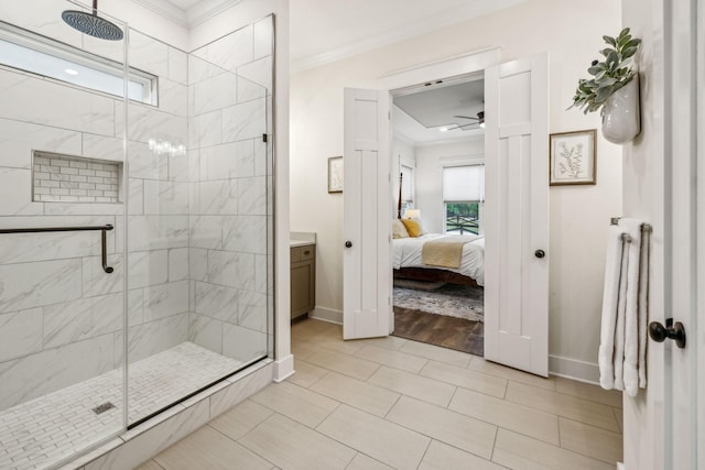 ensuite bathroom featuring baseboards, connected bathroom, ornamental molding, and a stall shower