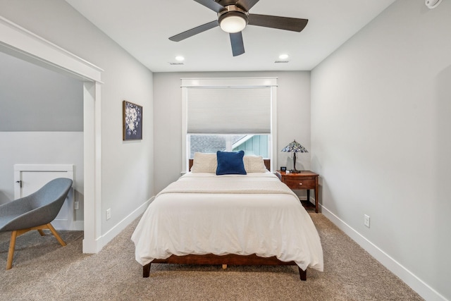 bedroom with ceiling fan, carpet, baseboards, visible vents, and recessed lighting