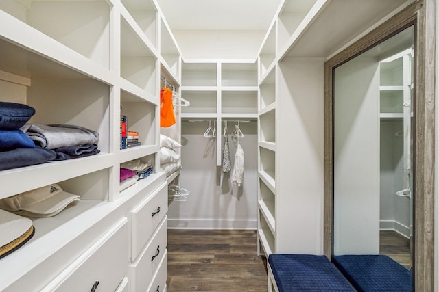 walk in closet with dark wood-style flooring