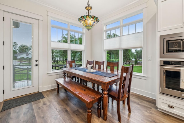 dining area featuring wood finished floors, a wealth of natural light, baseboards, and ornamental molding