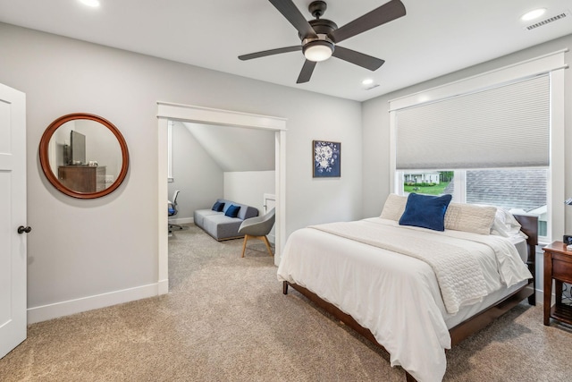 bedroom featuring recessed lighting, visible vents, baseboards, light colored carpet, and ceiling fan