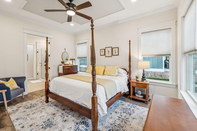 bedroom featuring a raised ceiling, wood finished floors, ornamental molding, and multiple windows