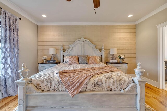 bedroom with recessed lighting, wood finished floors, ceiling fan, and ornamental molding