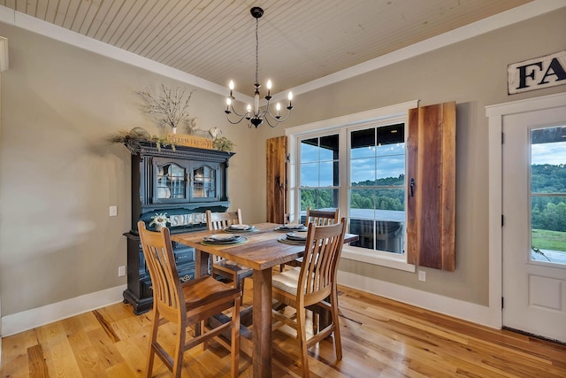 dining area featuring wood ceiling, baseboards, a notable chandelier, and light wood-style flooring