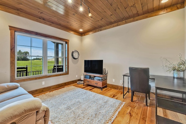 living room with wood ceiling, baseboards, wood finished floors, and recessed lighting