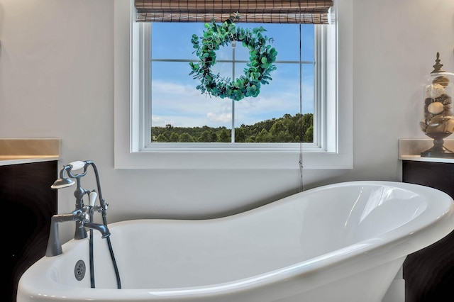 room details featuring vanity and a freestanding bath