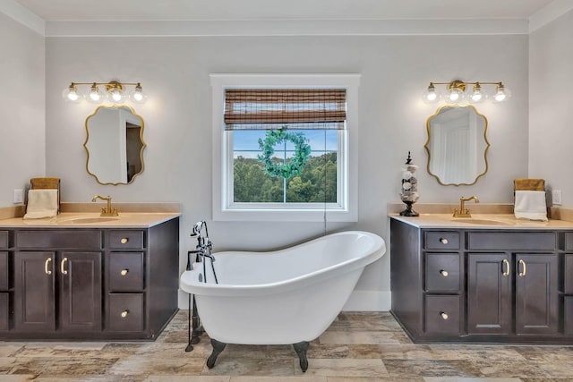 full bath featuring two vanities, wood finished floors, and a sink
