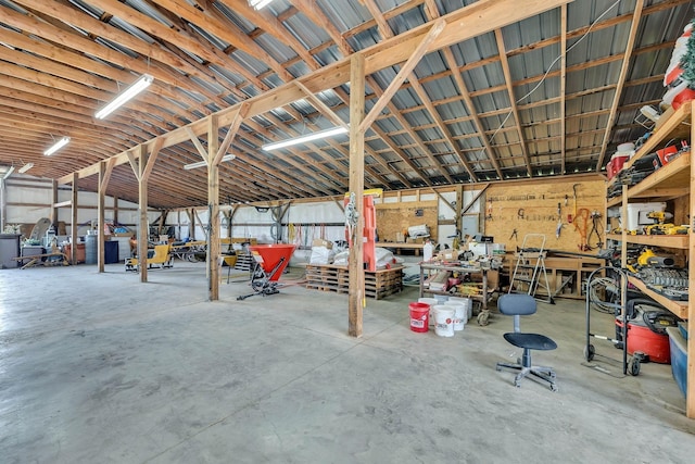 garage with a workshop area